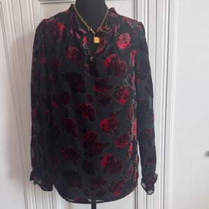 Talbots Black Sheer Blouse with Red Rose Velvet Burnout
